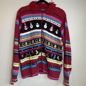Vtg Karen Scott Ugly Christmas Sweater Women Large Red Full Zip Cardigan Snowman